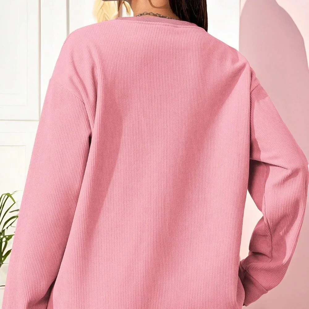 Pink Casual Loose Fit Women's Mama Embroidered Printed Sweatshirt Pullover - Picture 2 of 3